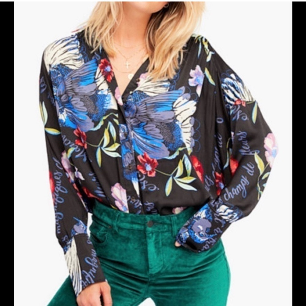 Free People silky button down floral blouse